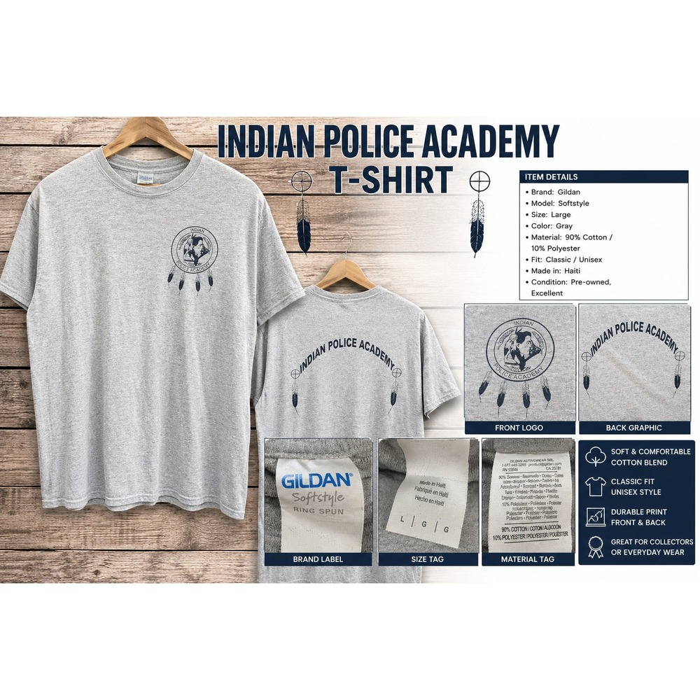 Gildan Softstyle Indian Police Academy Gray Graphic T-Shirt Mens Large L